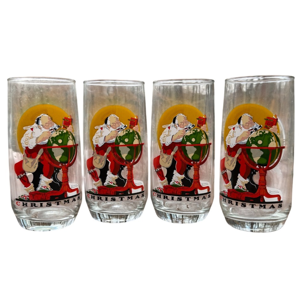Vintage Coca-Cola Norman Rockwell Christmas Glasses Set of 4 Holiday Decor‎